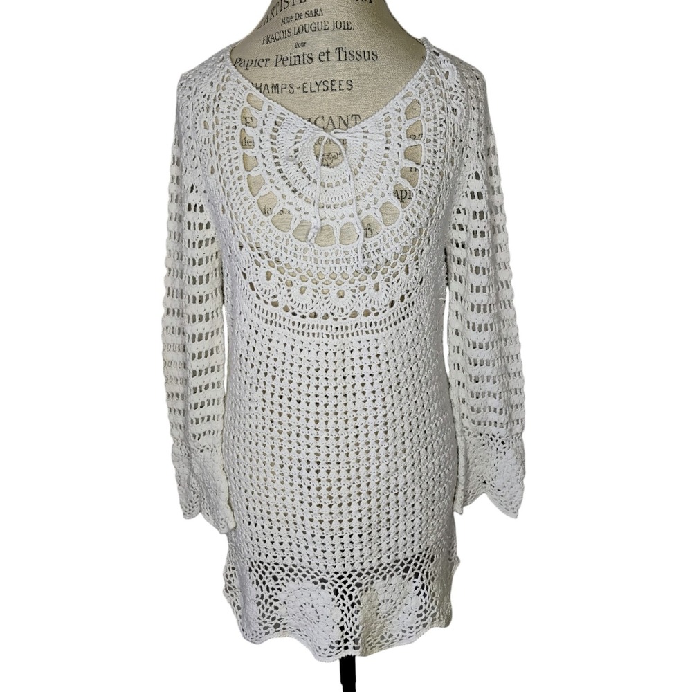 Vintage Krista Crochet Knit Swimsuit Cover Up‎ Dress Womens XL White Boho Beach